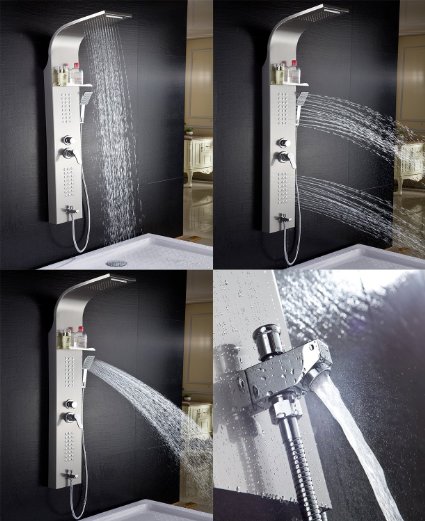 ELLO&ALLO Stainless Steel Rainfall Waterfall Shower Panel Basic Faucet 5-Function Rain Massage System with Jets, Hand Shower and Horizontal Spray Fingerprint-Free, Mirror Chrome Finish