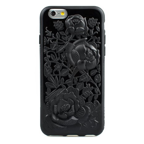 Apple iPhone 6 / 6s (4.7 inch screen) CASE123® 3D Raised Rose Flower Soft TPU Gel Skin Case Cover with Anti-Slip Grip Bars - Black