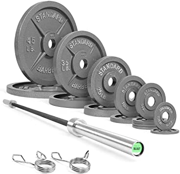 WF Athletic Supply 290lb & 300lb & 555lb Traditional / Classic Olympic Weight Plates Set with 7 ft. Olympic Barbell, Great for Strength Training, Weightlifting, Bodybuilding & Powerlifting