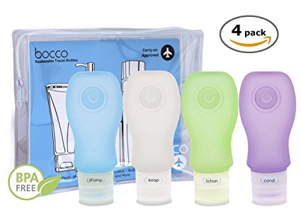 Bocco Leak Proof Squeezable Travel Bottles, TSA Approved Travel Accessories for Carry On Luggage - Perfect for Liquid Toiletries - 4 Pack (All Large 3 oz Bottles) (Blue/Purple/Clear/Green)
