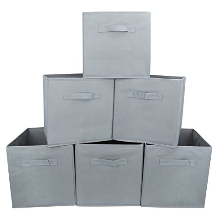 Set of 6 Foldable Fabric Basket Bin- EZOWare Collapsible Storage Cube For Nursery Home and Office - Gray