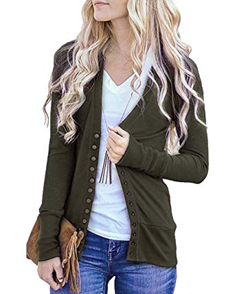 Tracpos Women's V-Neck Solid Button Front Knitwears Long Sleeve Casual Cardigans Sweater