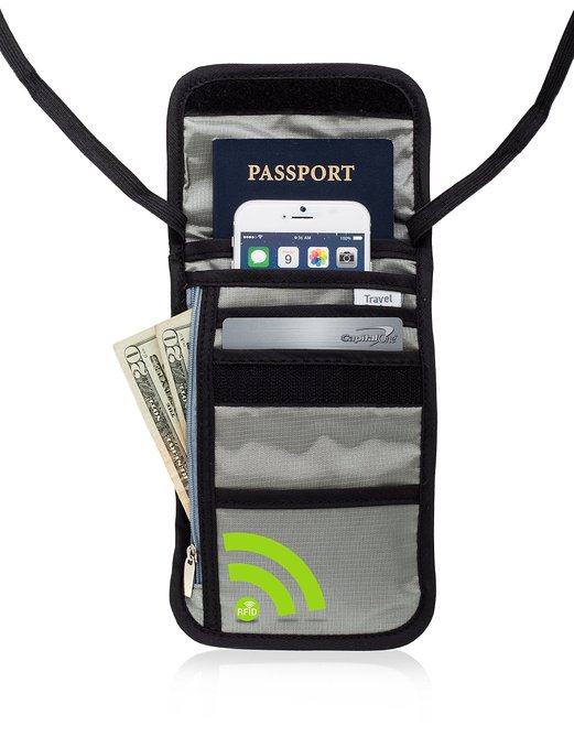 Deluxe RFID Premium Hidden Neck Pouch and Travel Wallet (Grey)