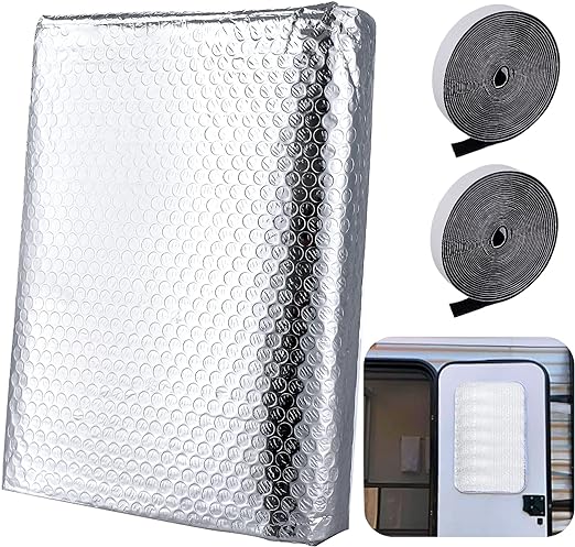 PAMASE DIY RV Window Insulation - 3.3 * 6.6ft Foil RV Door Window Skylight Coverings, Blackout Sunshield Foam Reflective Cover Sunshade Protector with 16.4ft Self-Adhesive Hook-and-Loop Fastener