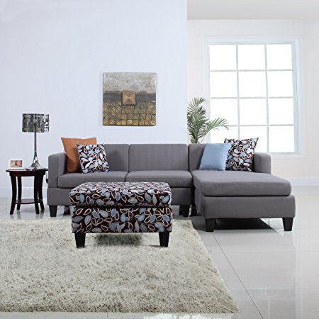 3-Piece Modern Grey Sectional Sofa with Ottoman and Floral Print Pillows, Microfiber Fabric L-Shape Couch