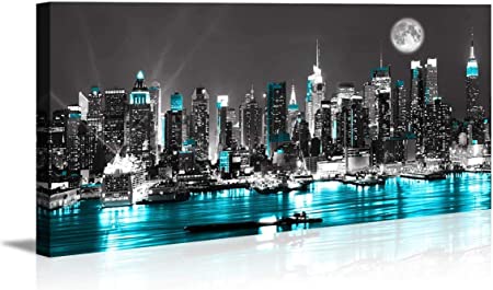 Wall Art Blue sea New York Paintings Wall Art,Black and White Stretched Wall Art for Bedroom Artwork Canvas Art Prints, 24"x48"Wall Decoration Painting Bedroom Wall Decor Office, Ready to Hang