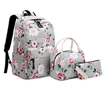School Backpack for Teen Girls School Bags Lightweight Kids Girls School Book Bags Backpacks Sets (06 Grey/Floral)