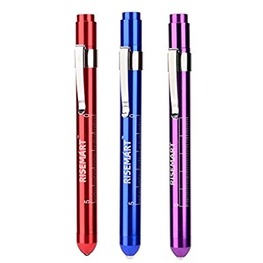 RISEMART Pack of 3 Reusable LED Diagnostic Penlight with Aluminum Body and Pupil Gauge(Red&Purple&Blue)