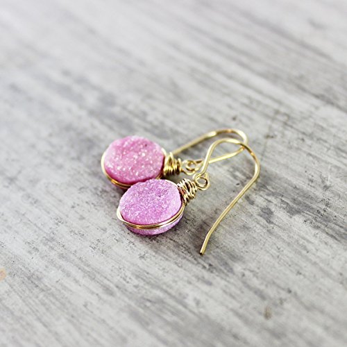 Pink Drusy Quartz Gemstone Earrings