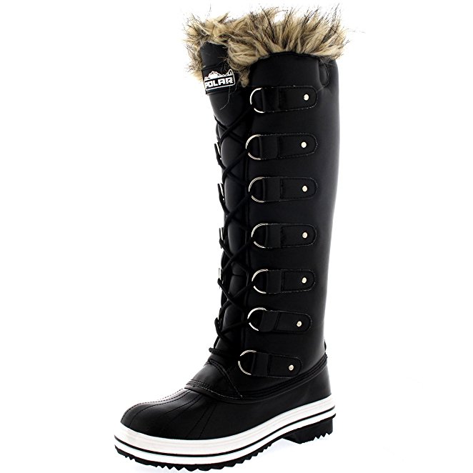 Womens Lace Up Rubber Sole Knee High Winter Snow Rain Shoe Boots