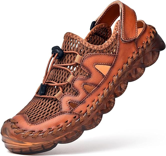 Moodeng Sandals for Men Leather Sport Sandals Close-Toe Fisherman Sandal Summer Outdoor Hiking Sandals Arch Support