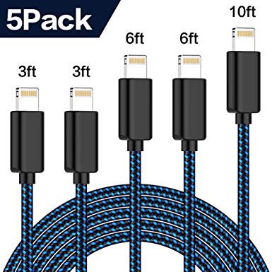 TNSO MFi Certified Phone Cable 5Pack 3FT 3FT 6FT 6FT 10FT Extra Long Nylon Braided USB Fast Charging& Syncing Cord Compatible Phone Charger XS MAX XR X 8 8 Plus 7 7 Plus 6s 6s Plus 6 6 Plus