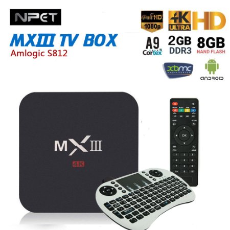 NPET MXIII MX3 XBMC Kodi QUAD CORE ANDROID SMART TV BOX 44 Android 4K S802 2GB US with Wireless KeyboardTouchpad White