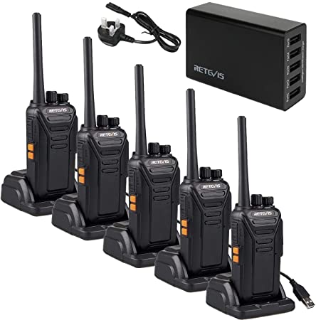 Retevis RT27 Walkie Talkies with 5-Port USB Charger, Walkie Talkie Rechargeable, PMR446 License Free 16 Channels VOX CTCSS/DCS, Walkie Talkies Long Distance,for School,Security Service(5 Pack,Black)