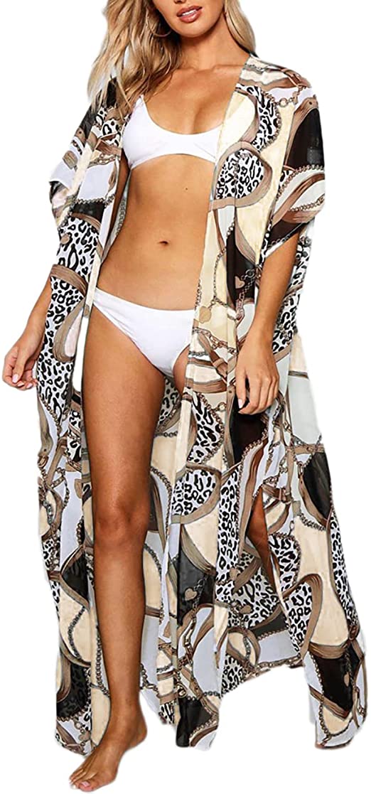 Bsubseach Womens Leopard Print Long Bikini Cover Up Flowy Beach Kimono Cardigan