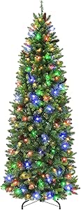 Hykolity 7.5 ft Prelit Slim Christmas Tree with 300 Multicolor LED Lights, 1478 PE & PVC Tips, Artificial Christmas Tree with Pine Cones, Easy Assemble with Metal Stand and Hinged Branches, 11 Colors