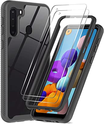 LeYi Samsung Galaxy A21 Case (Not Fit A20), Samsung A21 Case with Tempered Glass Screen Protector [2 Pack], Full-Body Rugged Hybrid Bumper Shockproof Clear Protective Phone Cover Cases for A21 Black