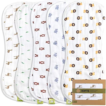KeaBabies 5-Pack Organic Muslin Baby Burp Cloths - White Bamboo Cotton Burp Cloth - Burp Rags - Neutral Burp Clothes for Baby Boy, Girl, Newborn, Unisex - Large Absorbent Muslin Burp Cloths (The Wild)