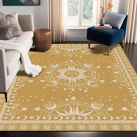 5' X 7' Sun and Moon Rug Boho Celestial Area Rugs for Bedroom Dorm Living Room Bohemian Occult Crescent Solar Stars Galaxy Floor Mat Pad Doormat Carpet,150 X 210cm,Aztec Gold