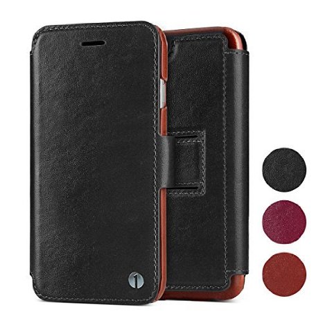 1byone Genuine Leather Wallet Stand Folio Case with Card Slot for iPhone 6 / 6s Plus, Black