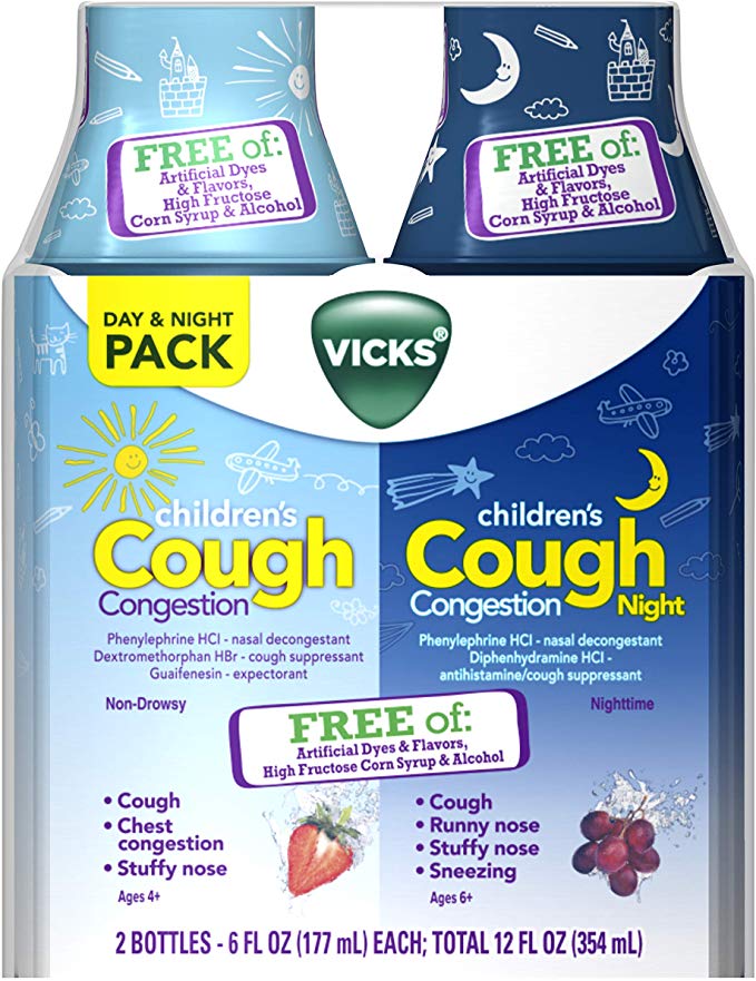 Vicks Children’s Cough & Congestion Relief, Free of Dyes & Flavors, Combo: Non-DROWSY Berry 6 oz & Nighttime Grape 6 oz
