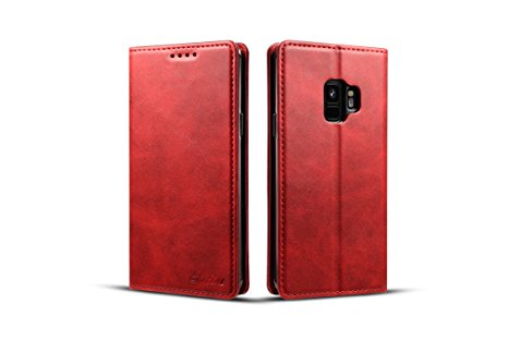 Samsung Galaxy S9 Wallet Cover, TACOO Genuine Leather 360 Protection Card Holder Kickstand Magnetic Protective Case for Samsung Galaxy S9 2018-Red