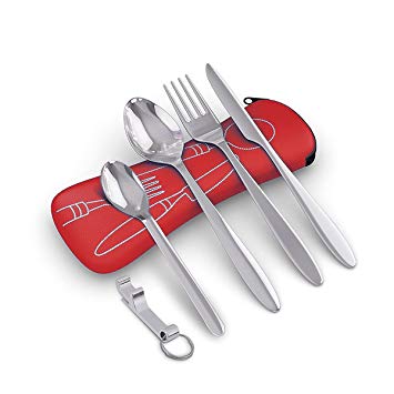 Stainless Steel Cutlery Camping Set - Portable Travel Cutter, Spoons, Fork for Festivals, Hiking or Camping, Comes with a Carry Neoprene Pouch Bag with a Lightweight Bottle Opener (5 pcs)