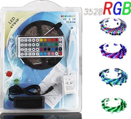 RC 12V 16.4ft 5M Waterproof Flexible RGB Color Changing SMD 3528 300LEDs Strip Light With 44Key Remote And Power Supply