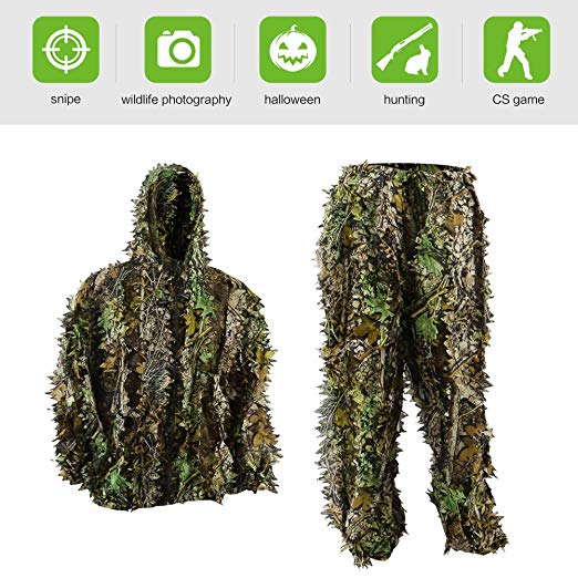 Pellor Ghillie Suits, 3D Leafy Ghille Suit for Youth Boys, Hooded Hunting Airsoft Camouflage Gillies Suits