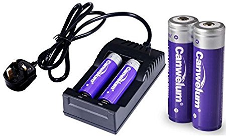Canwelum Protected 18650 Battery and Charger, Rechargeable 18650 Li-ion Battery 3.7V - Applicable for LED Torch, Head Torch, Not for Electronic Cigarettes (4 x Batteries and 1 x Charger)