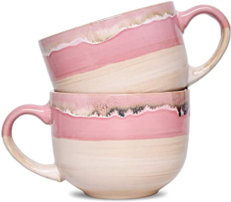 Bosmarlin Large Stoneware Coffee Mug Set of 2, Jumbo Latte Mugs Tea for Office and Home, 16 Oz, Dishwasher and Microwave Safe(Pink, 2)