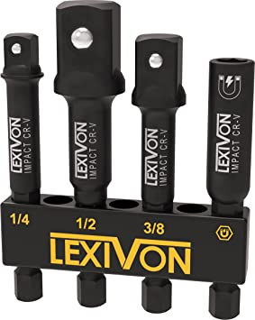 LEXIVON Impact Socket Adapter & Magnetic Bit Holder Set | 4 Pieces of 1/4-Inch Hex Shank Extension to 1/4", 3/8", and 1/2" Drive | Includes Organizer Rack (LX-104)