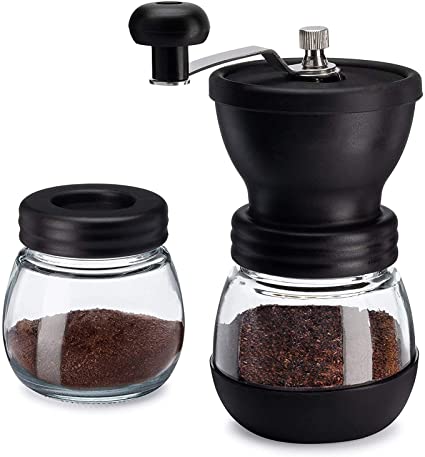 Manual Coffee Bean Grinder with Ceramic Conical Burr Mill, 2 Glass Jars Ceramic Burr, for Drip Coffee, Turkish Brew, Espresso, French Press, Home Travel or Camping
