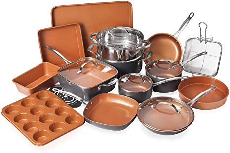 Gotham Steel 20 Piece All in One Kitchen Cookware   Bakeware Set with Non-Stick Ti-Cerama Copper Coating – Includes Skillets, Stock Pots, Deep Square Pan with Fry Basket, Cookie Sheet and Baking Pans