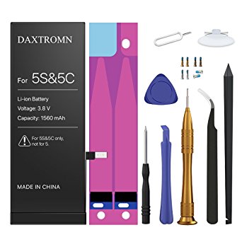 DAXTROMN Battery Model iP5S / 5C - Replacement Kit with Tools, Adhesive & Instructions - New 1560mAh 0 Cycle Battery - 2 Years Warranty