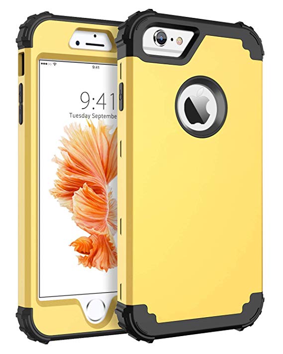 BENTOBEN Case for iPhone 6S/iPhone 6, 3 in 1 Heavy Duty Rugged Hybrid Hard PC Soft Silicone Bumper Shockproof Anti Slip Protective Case Cover for Apple iPhone 6S/iPhone 6 (4.7 Inch), Yellow/Black