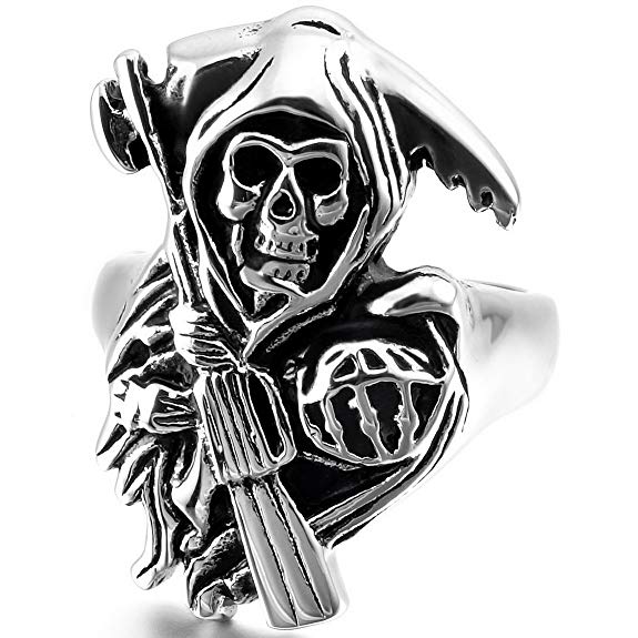 INBLUE Men's Stainless Steel Ring Band Silver Tone Black Death grim Reaper Skull Casted