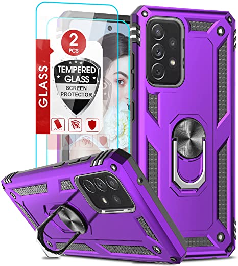 LeYi for Samsung Galaxy A52 Case, A52 5G Case with [2 Pack] Tempered Glass Screen Protector, [Military-Grade] Magnetic Ring Kickstand Car Mount Protective Phone Case for Samsung A52 5G/A52S, Purple