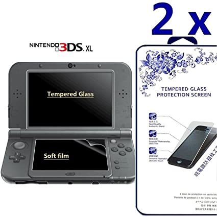 [2-Pack] Screen Protector for Nintendo New 3DS XL, 2-Pcs Tempered Glass for Top Screen and HD Clear Crystal PET Film for Bottom Screen, 3DSXL HD Film Accessory [Compatible with 2012 and New 2015]