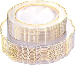 WDF 100pcs Clear Disposable Plastic Plates With Gold Trim - Baroque Clear Gold for Parties or Wedding - including 50PCS Dinner Plates 10.25inch and 50PCS Salad Plates 7.5inch