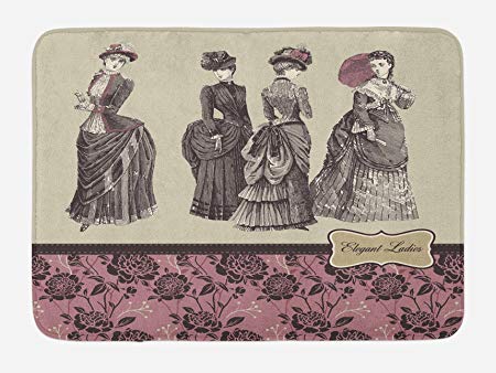 Ambesonne Victorian Bath Mat, Ladies Clothes Fashion History Dress Handbag Feather Gloves Floral Design Print, Plush Bathroom Decor Mat with Non Slip Backing, 29.5 W X 17.5 L Inches, Grey Rose