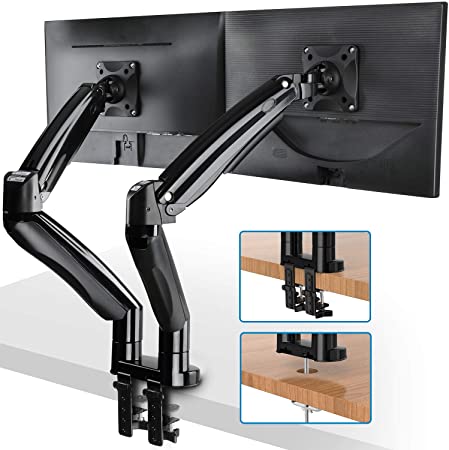 Dual Monitor Mount Stand - Long Double Arm Gas Spring Monitor Desk Mount for 2 Screens 22 to 32 Inches Height Adjustable VESA Bracket with Clamp or Grommet Mounting Base - Each Arm Hold up to 19.8lbs