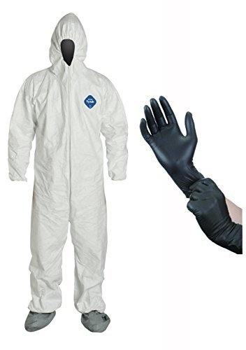 DuPont TY122S Disposable Elastic Wrist, Bootie & Hood White Tyvek Coverall Suit, Size: Large, with IPT Protective Gloves (InPrimeTime Exclusive)