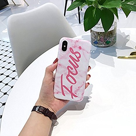 iPhone X Case for Girls, Flexible Soft Slim Fit Full Protective Cute Shell Phone Case with Pink Marble and 'Focus' Letters Pattern for iPhone X 5.8 Inch (Pink Marble)