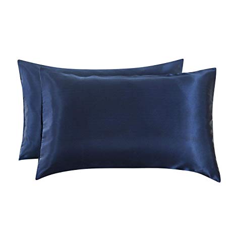 Ethlomoer 2-Pack Luxury Smooth Satin Pillowcase for Hair and Skin, Soft Breathable with Envelope Closure (Navy Queen)