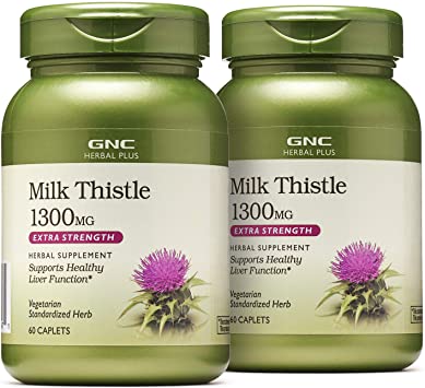 GNC Herbal Plus Milk Thistle 1300mg - Twin Pack, 60 Caplets per Bottle, Supports Healthy Liver Function