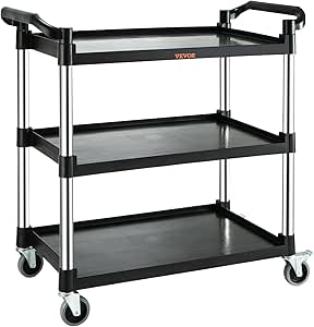 VEVOR Utility Service Cart, 3 Shelf 220LBS Heavy Duty Service Cart, Rolling Utility Cart with Lockable Wheels, Plastic Utility Cart for Kitchen Office Restaurant Home, Black