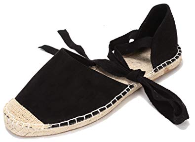 U-lite Women's Suede Cap-Toe Tie-up Ankle Strap Espadrille Flat Sandals