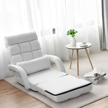 COSTWAY Adjustable Folding Lazy Sofa Bed with Armrests and Pillow, Convertible Floor Armchair Sofa Seat for Home Office, Easy-to-Clean (White)