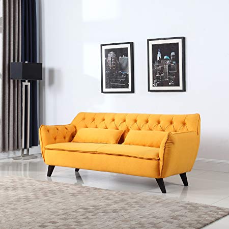 Mid Century Modern Tufted Linen Fabric Sofa (Yellow)